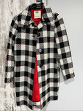 PINKO black and white checkered coat with red lining and black buttons.