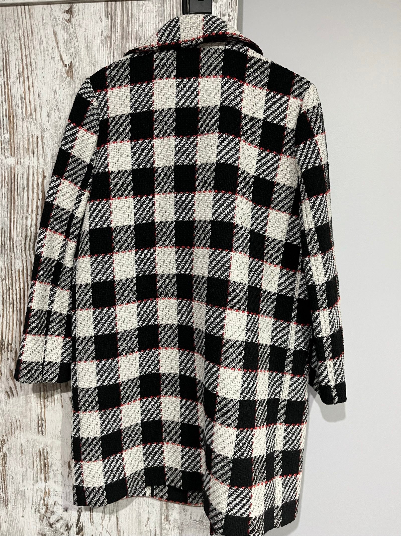 PINKO black and white checkered coat with red lining and black buttons.