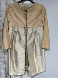 PINKO beige and cream coat with leather upper, pleated details, round neckline.