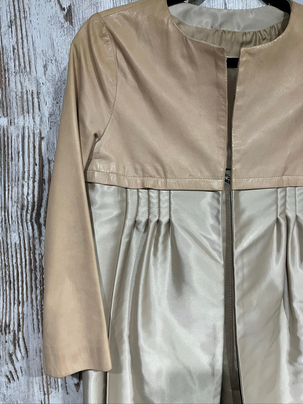 PINKO beige and cream coat with leather upper, pleated details, round neckline.