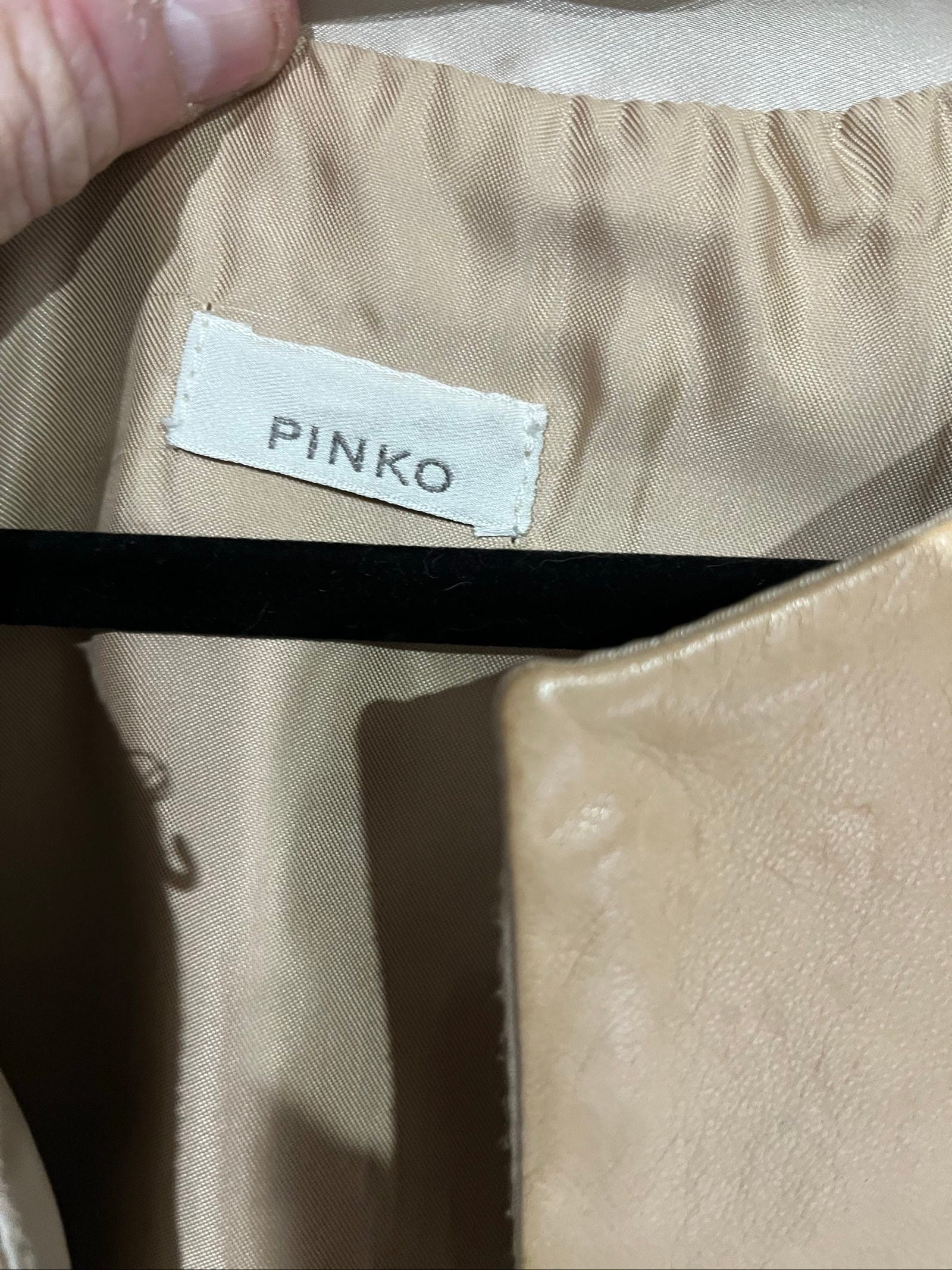 PINKO beige and cream coat with leather upper, pleated details, round neckline.