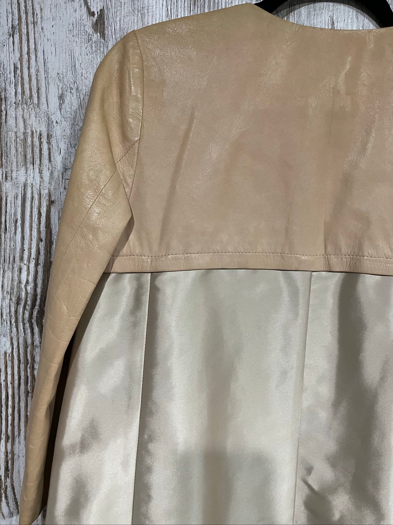PINKO beige and cream coat with leather upper, pleated details, round neckline.