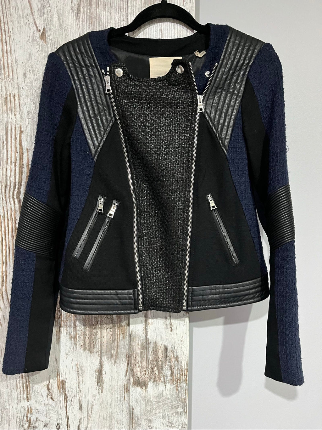 Rebecca Taylor navy and black biker jacket, mixed media, quilted faux leather accents, zippered pockets.