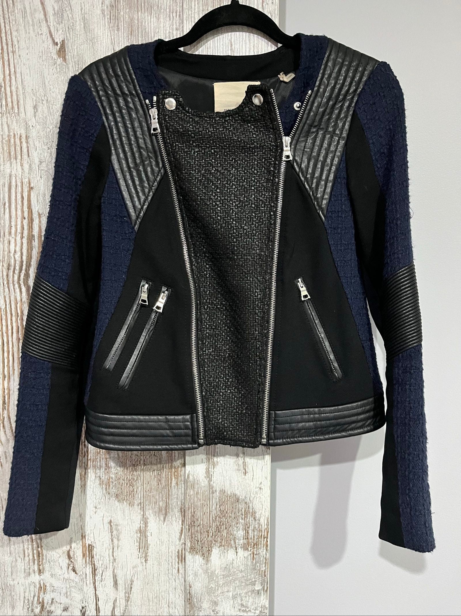 Rebecca Taylor navy and black biker jacket, mixed media, quilted faux leather accents, zippered pockets.