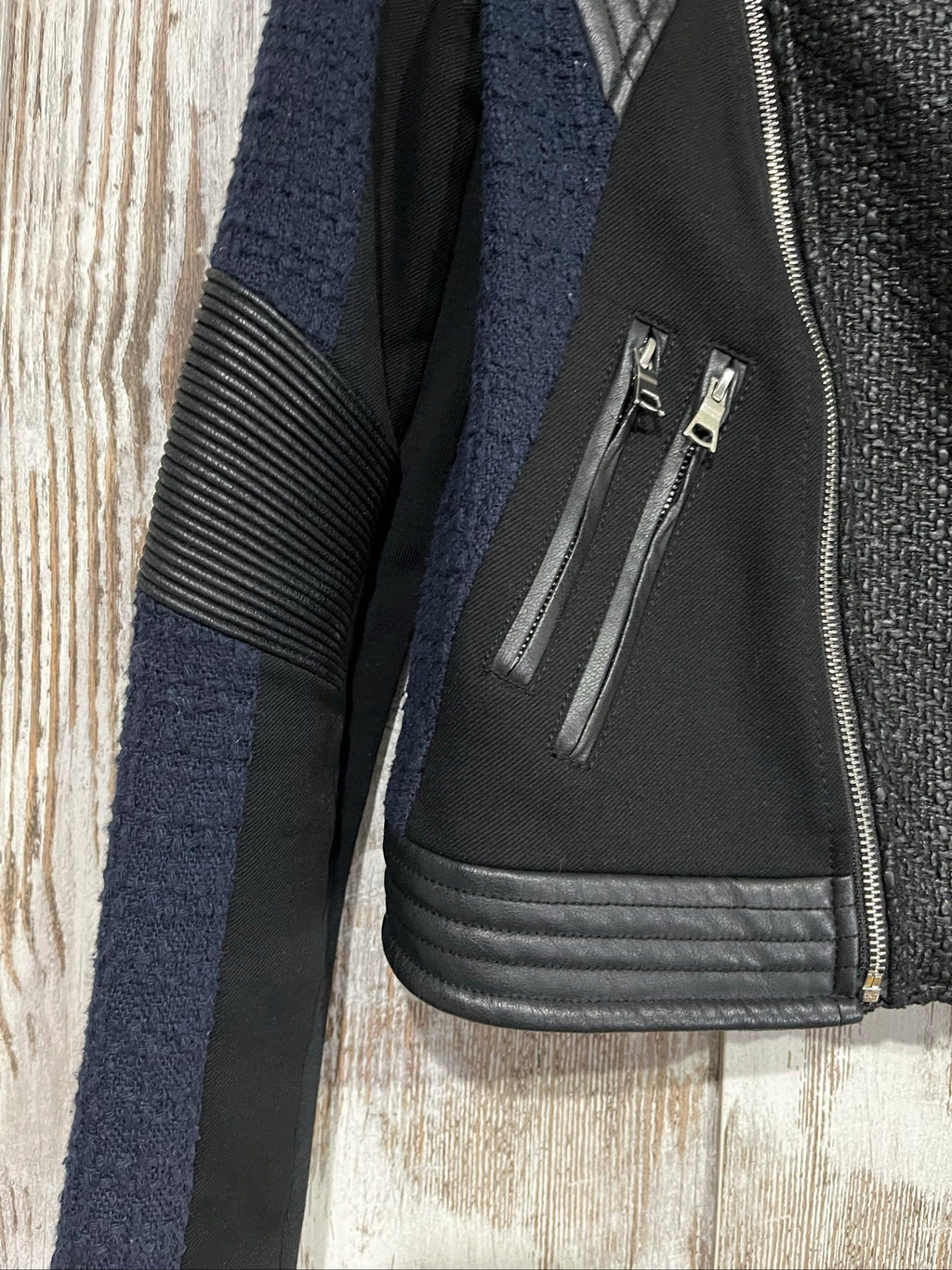 Rebecca Taylor navy and black biker jacket, mixed media, quilted faux leather accents, zippered pockets.