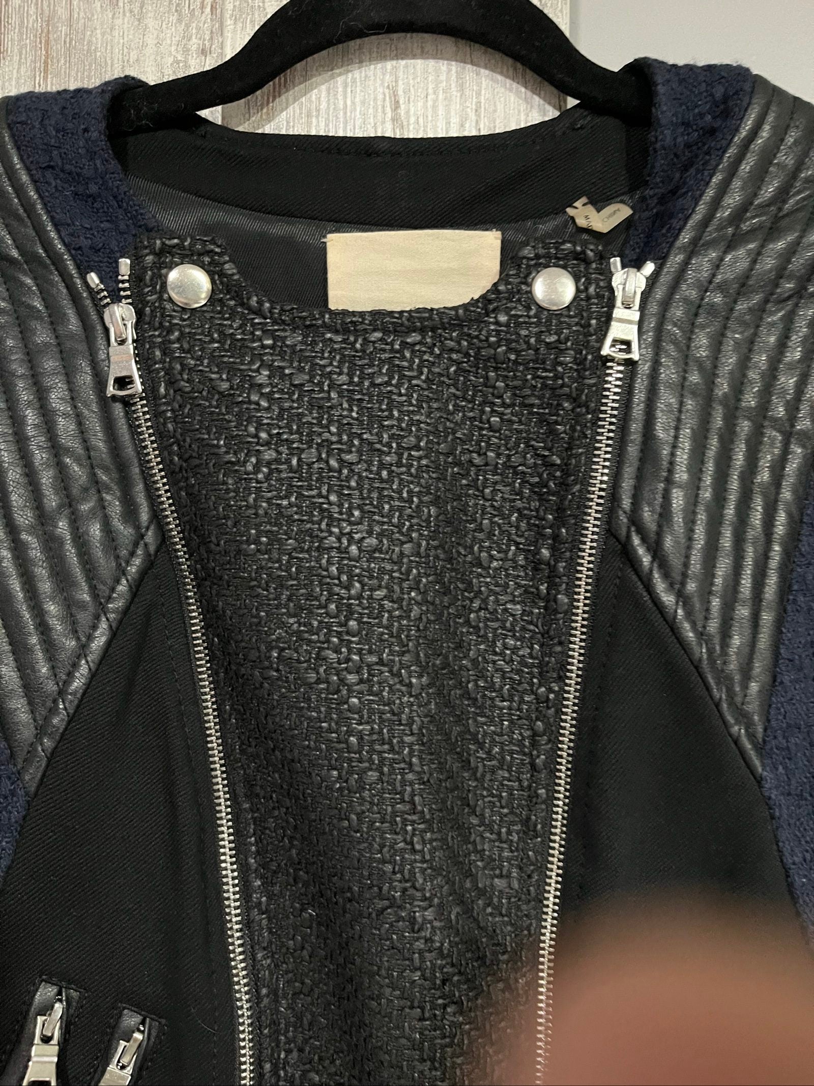 Rebecca Taylor navy and black biker jacket, mixed media, quilted faux leather accents, zippered pockets.