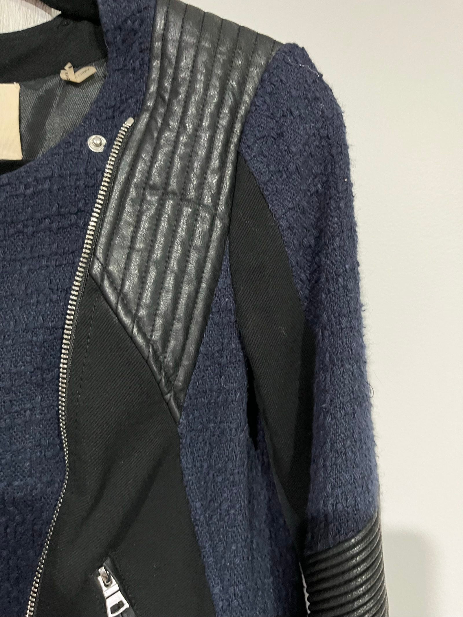 Rebecca Taylor navy and black biker jacket, mixed media, quilted faux leather accents, zippered pockets.