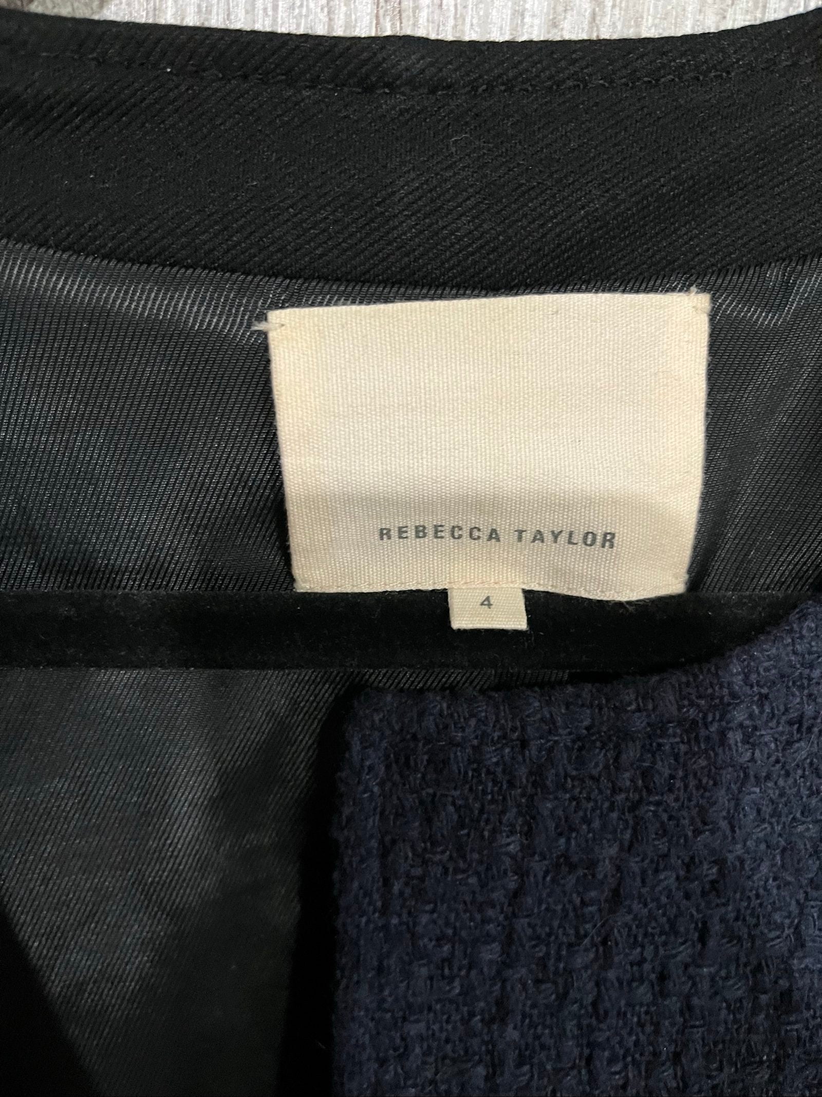 Rebecca Taylor navy and black biker jacket, mixed media, quilted faux leather accents, zippered pockets.