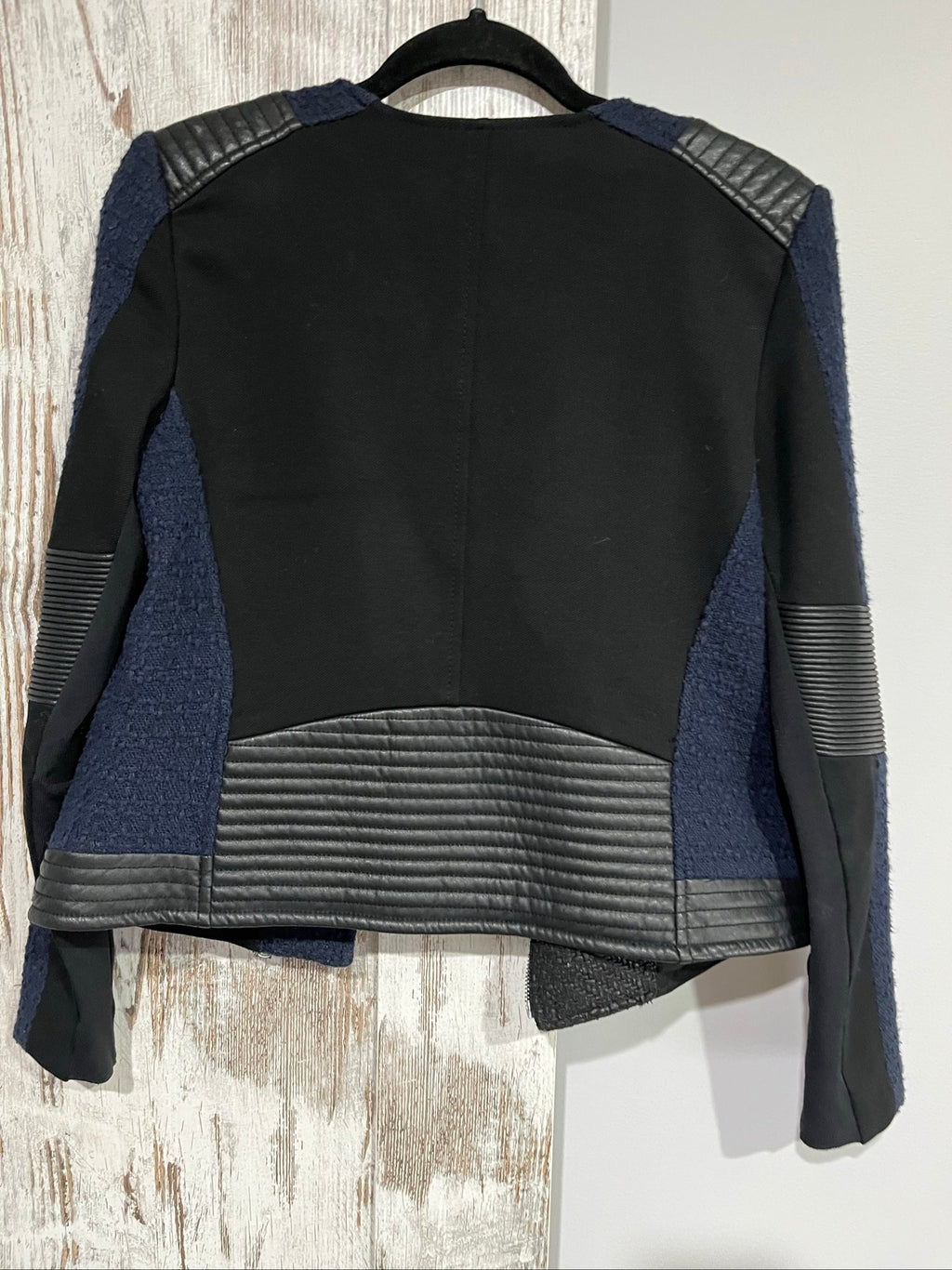 Rebecca Taylor navy and black biker jacket, mixed media, quilted faux leather accents, zippered pockets.