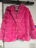 Apparis pink faux fur hooded jacket with snap-button closures and plush texture.