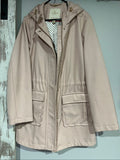 kate spade beige hooded coat scalloped pockets polka dot lining adjustable gold-tone hardware