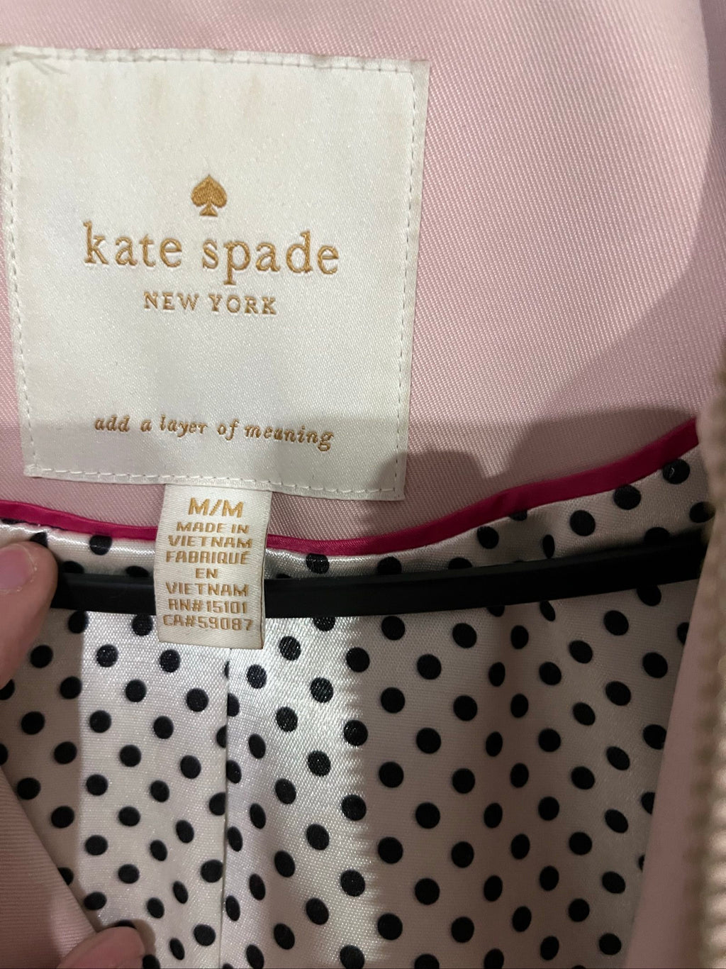 kate spade beige hooded coat scalloped pockets polka dot lining adjustable gold-tone hardware