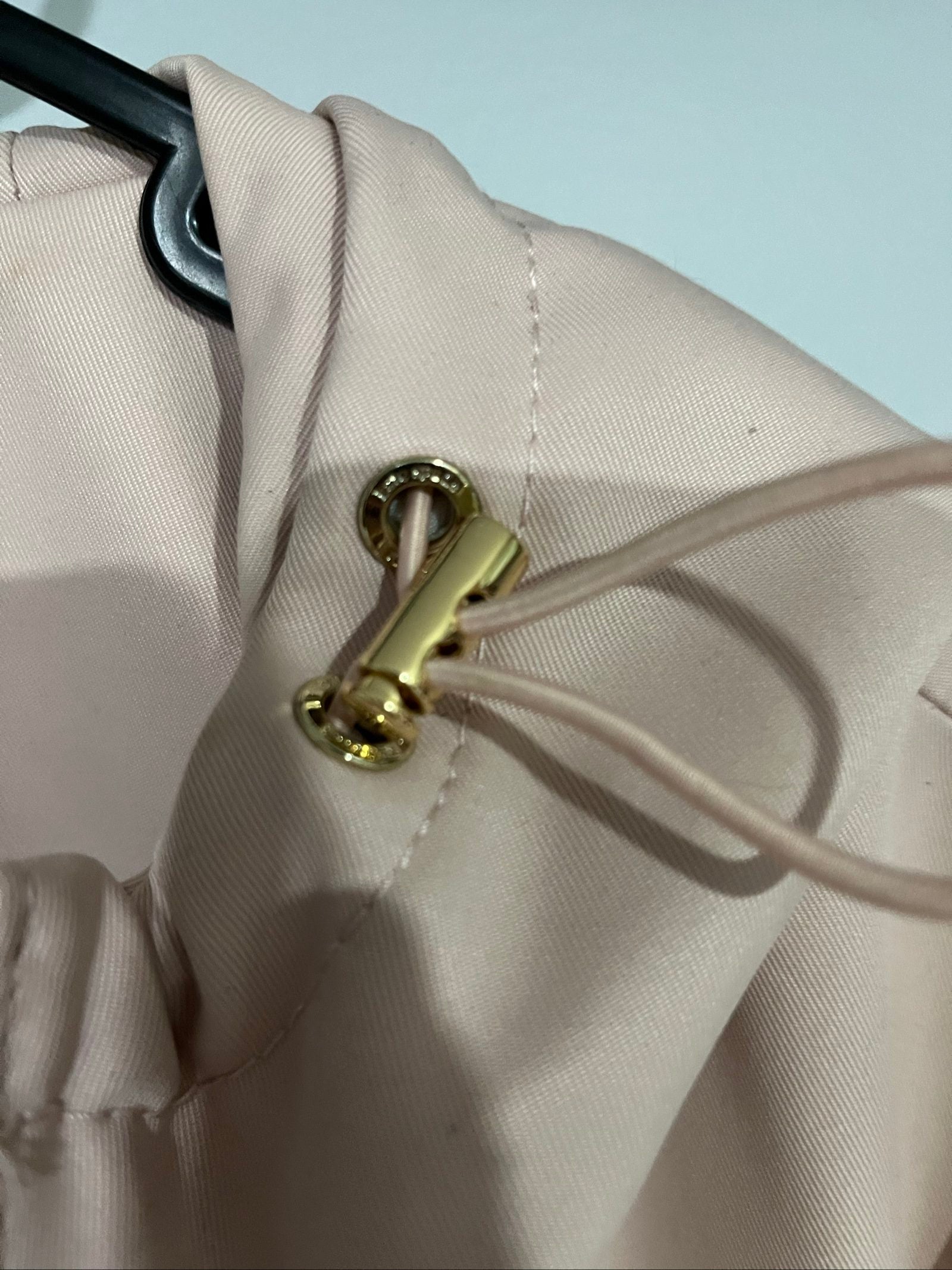 kate spade beige hooded coat scalloped pockets polka dot lining adjustable gold-tone hardware