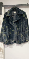 Zadig & Voltaire black and green faux fur coat, double-breasted with camouflage pattern.