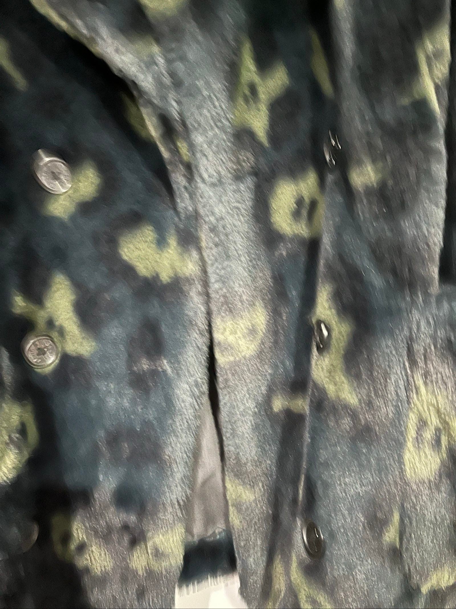 Zadig & Voltaire black and green faux fur coat, double-breasted with camouflage pattern.