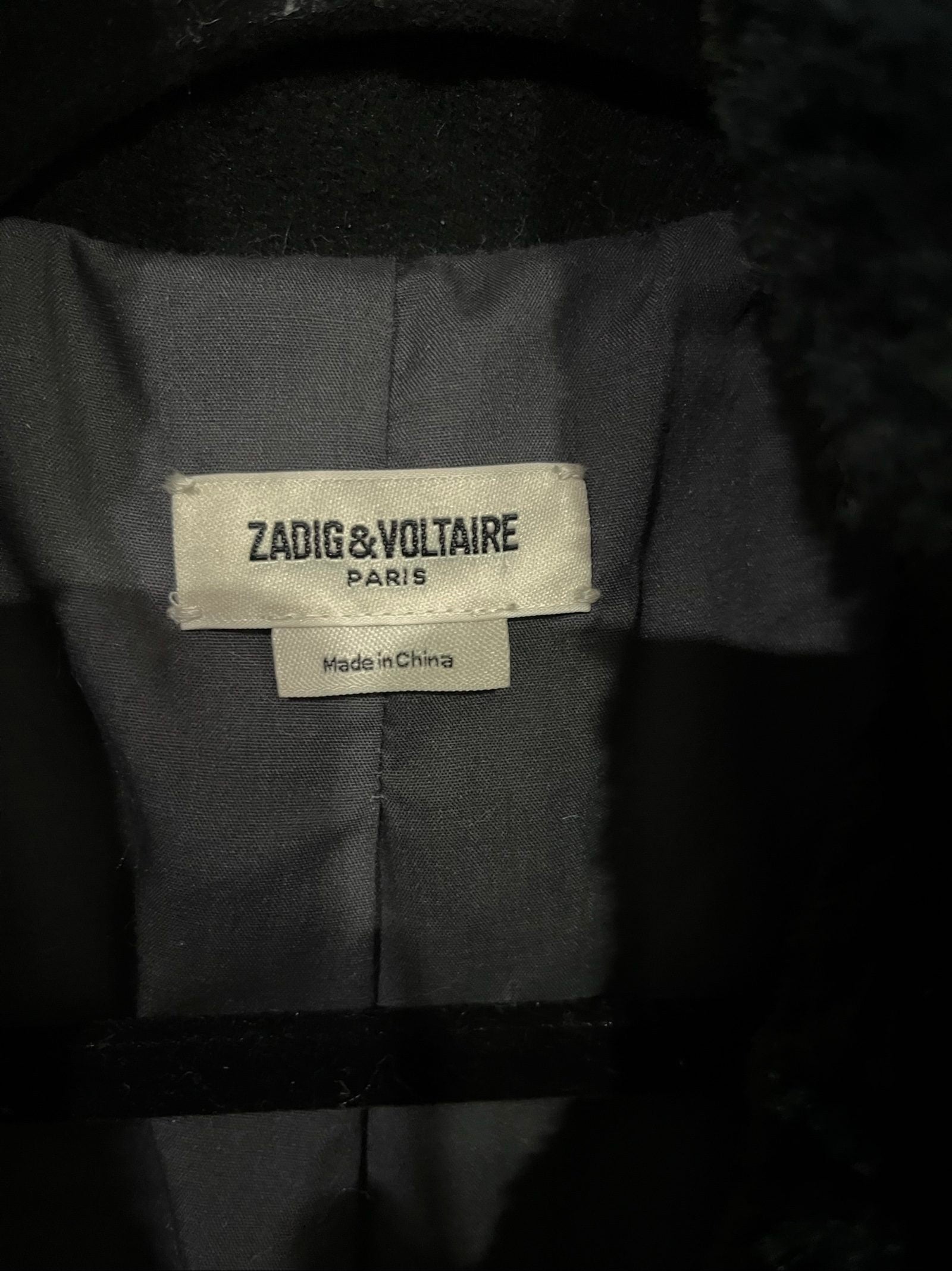 Zadig & Voltaire black and green faux fur coat, double-breasted with camouflage pattern.